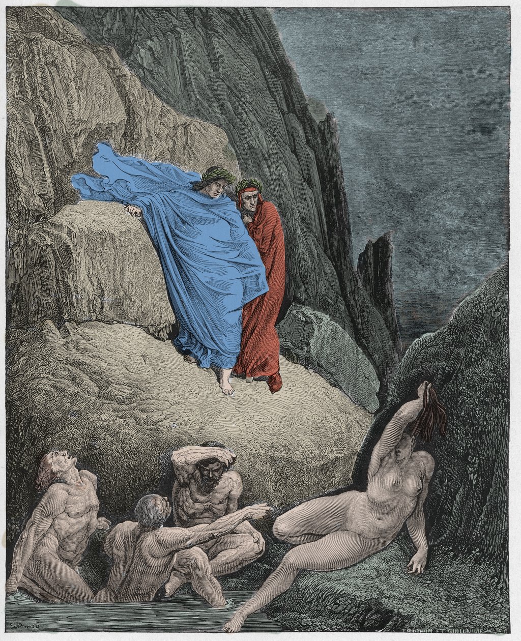 Inferno, Canto 18 : Virgil shows Dante the shade of Thais, illustration from The Divine Comedy by Dante Alighieri, 1885 (digitally coloured engraving) by Gustave after Dore