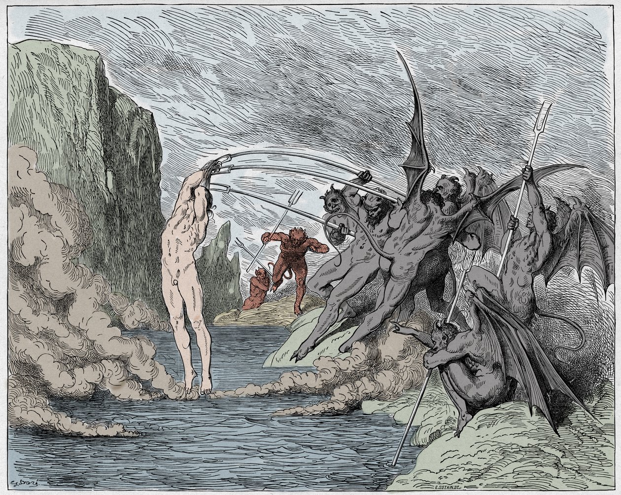 Inferno, Canto 21 : Devils torment the barrators, illustration from The Divine Comedy by Dante Alighieri, 1885 (digitally coloured engraving) by Gustave after Dore