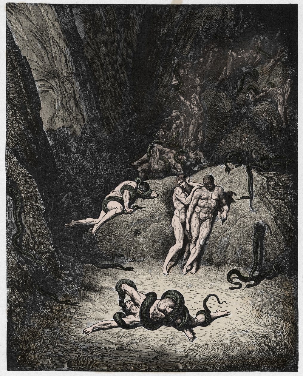 Inferno, Canto 25 : Agnello transforming into a serpent, illustration from The Divine Comedy by Dante Alighieri, 1885 (digitally coloured engraving) by Gustave after Dore