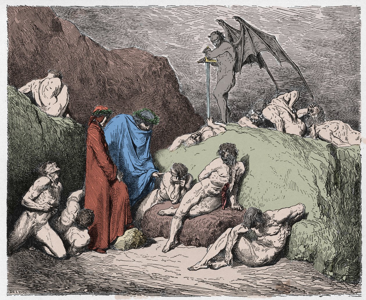 Inferno, Canto 28 : Mutilated sowers of discord in the ninth bolgia, illustration from The Divine Comedy by Dante Alighieri, 1885 (digitally coloured engraving) by Gustave after Dore