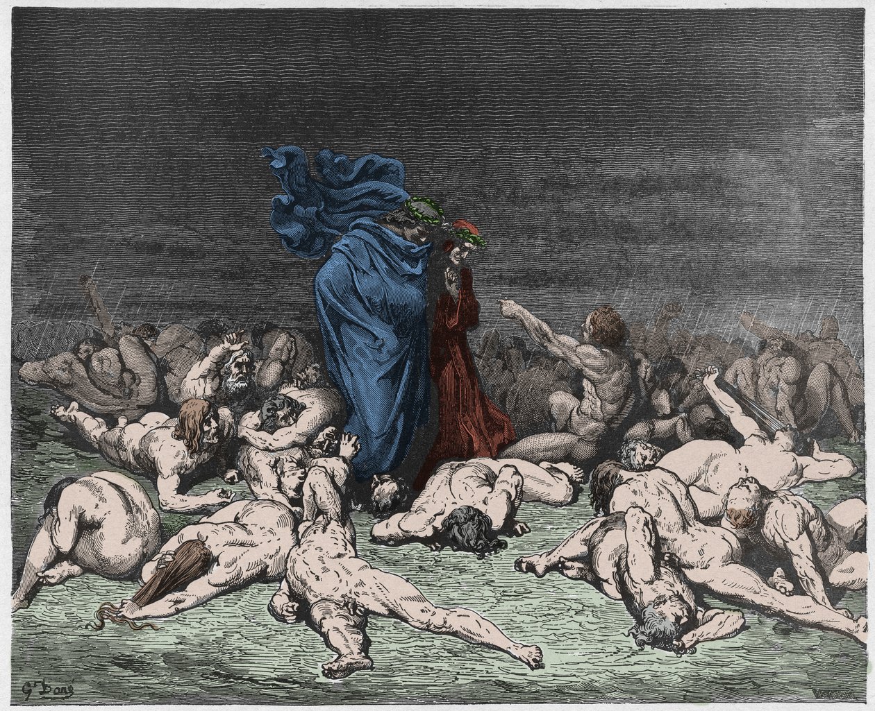 Inferno, Canto 6 : The gluttons battered by eternal rain, illustration from The Divine Comedy by Dante Alighieri, 1885 (digitally coloured engraving) by Gustave after Dore