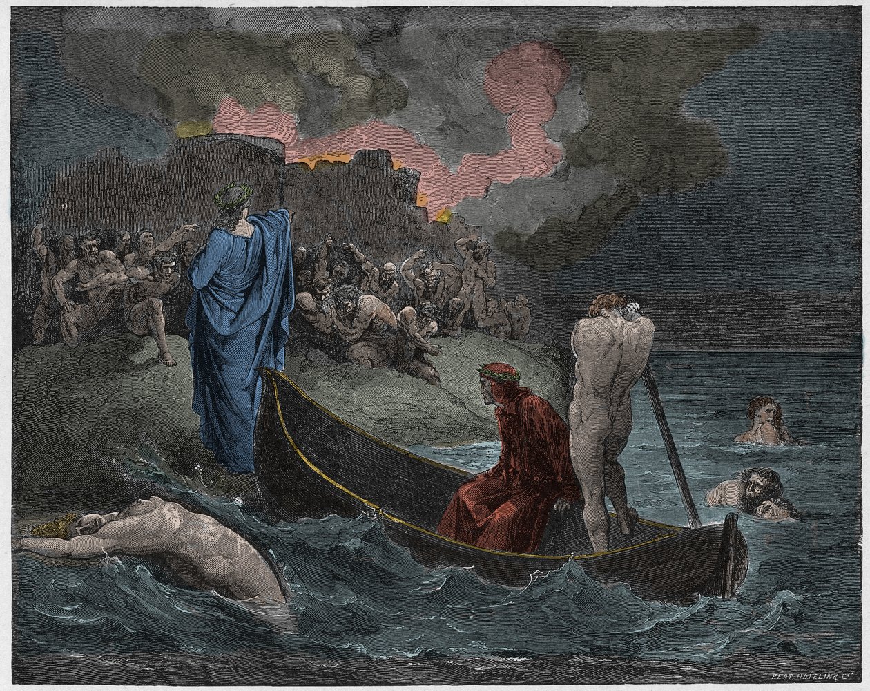 Inferno, Canto 8 : Virgil and Dante disembark at the citadel of Dis (Dite), illustration from The Divine Comedy by Dante Alighieri, 1885 (digitally coloured engraving) by Gustave after Dore