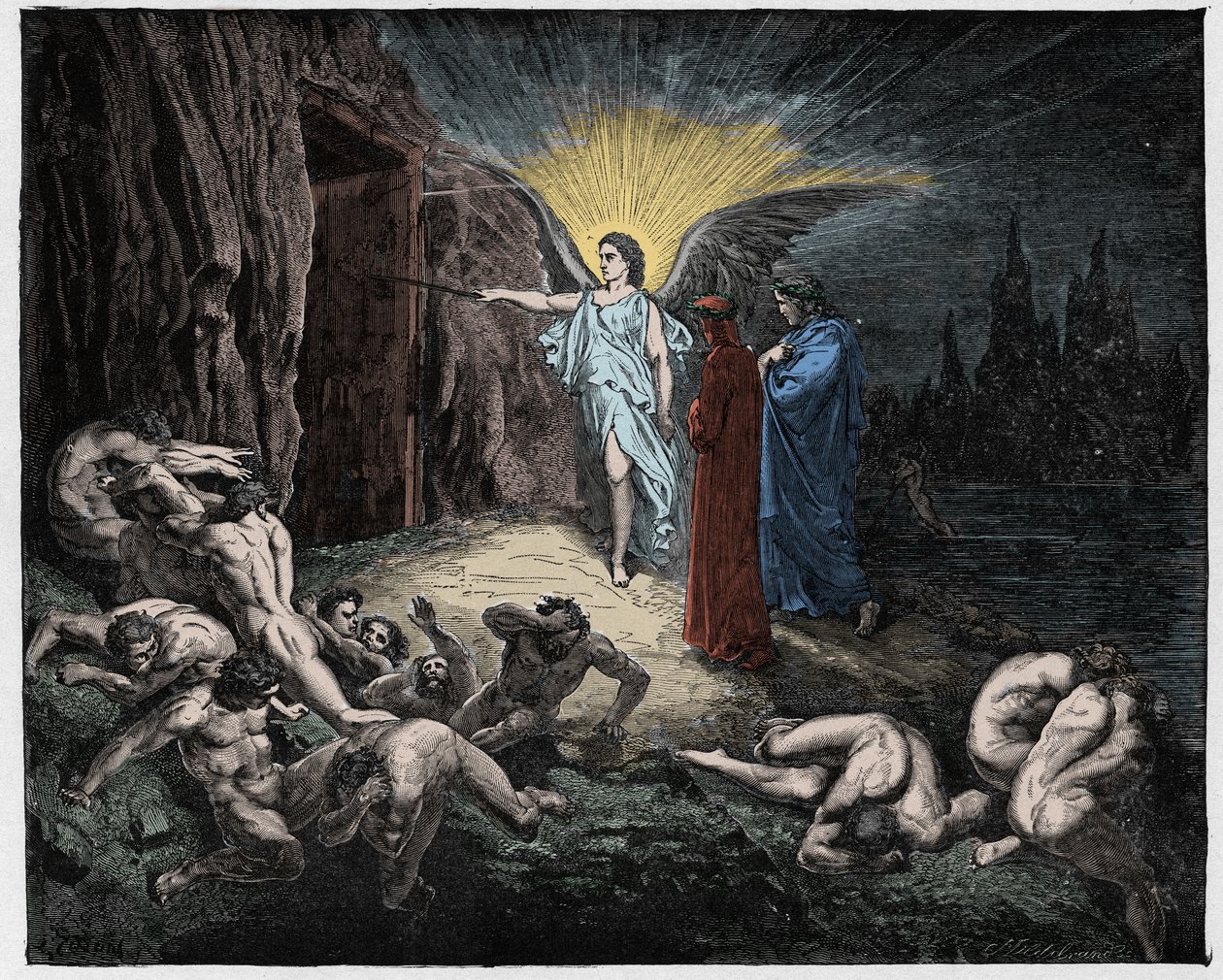 Inferno, Canto 9 : The angel opens the gates, illustration from The Divine Comedy by Dante Alighieri, 1885 (digitally coloured engraving) by Gustave after Dore