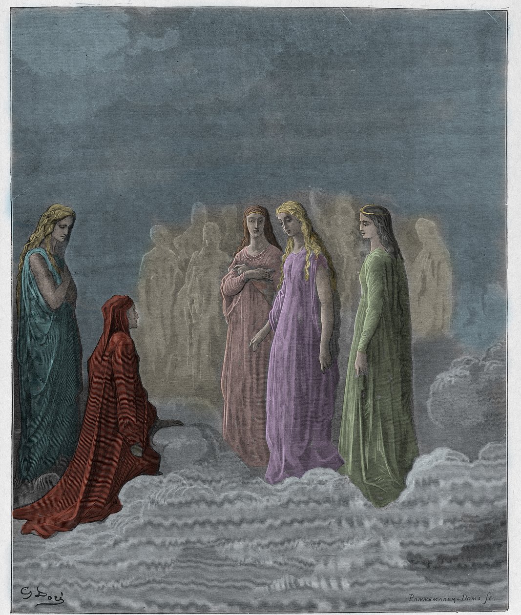 Paradiso, Canto 3 : The first realm : Piccarda Donati and the souls whose vows had been broken, illustration from The Divine Comedy by Dante Alighieri, 1885 (digitally coloured engraving) by Gustave after Dore