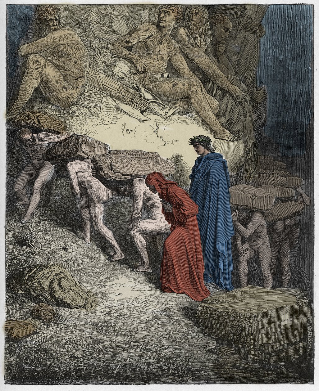 Purgatorio, Canto 11 : The souls of the prideful, bearing heavy stones, illustration from The Divine Comedy by Dante Alighieri, 1885 (digitally coloured engraving) by Gustave after Dore