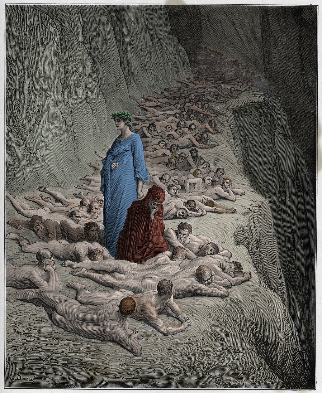 Purgatorio, Canto 19 : The souls of the avaricious: Adrian V (pape Adrien V) speaks to Dante, illustration from The Divine Comedy by Dante Alighieri, 1885 (digitally coloured engraving) by Gustave after Dore