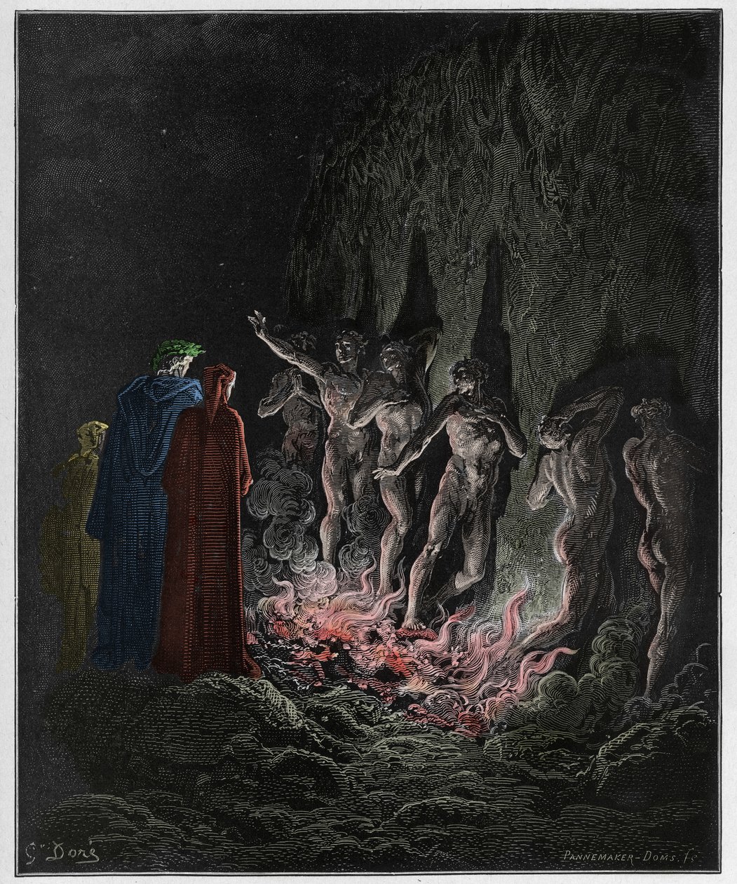 Purgatorio, Canto 25 : The lustful pass through fire in the seventh circle, illustration from The Divine Comedy by Dante Alighieri, 1885 (digitally coloured engraving) by Gustave after Dore