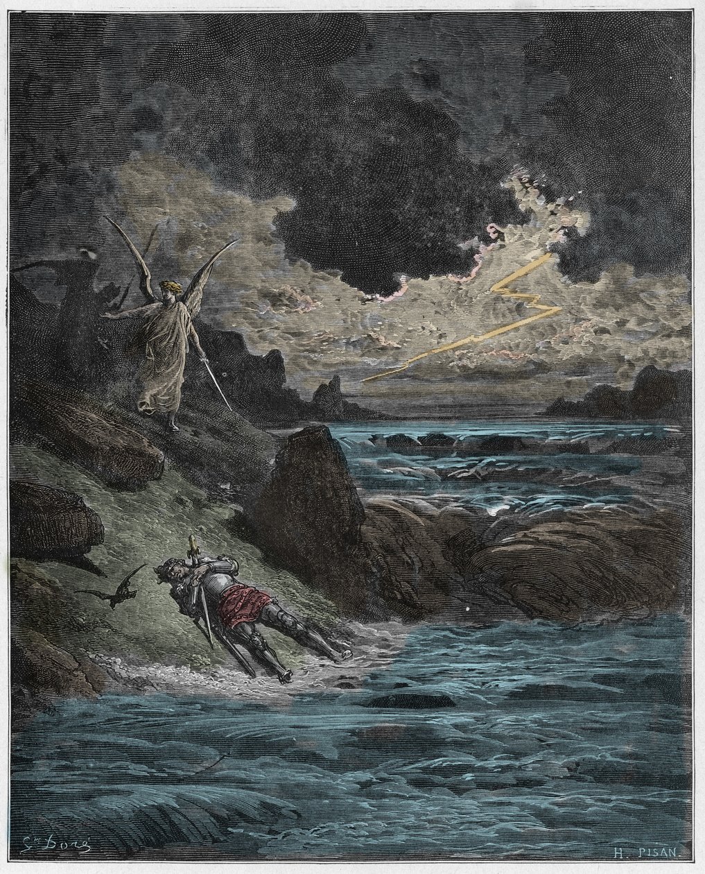 Purgatorio, Canto 5 : The body of Buonconte (Bonconte) da Montefeltro in the Arno, illustration from The Divine Comedy by Dante Alighieri, 1885 (digitally coloured engraving) by Gustave after Dore