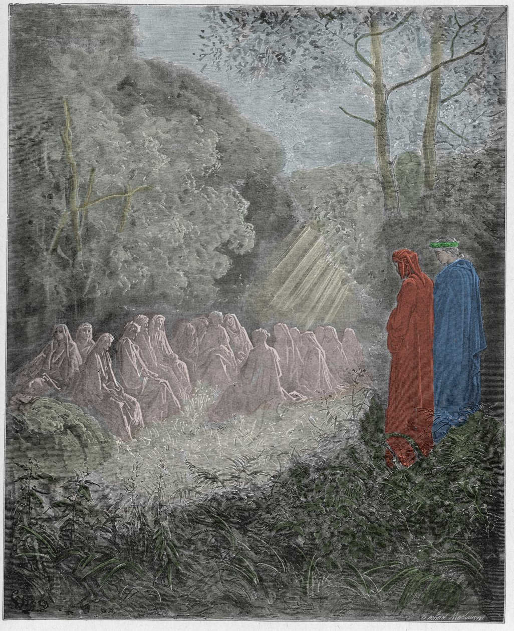 Purgatorio, Canto 7 : The spirits singing Salve Regina in the dell, illustration from The Divine Comedy by Dante Alighieri, 1885 (digitally coloured engraving) by Gustave after Dore