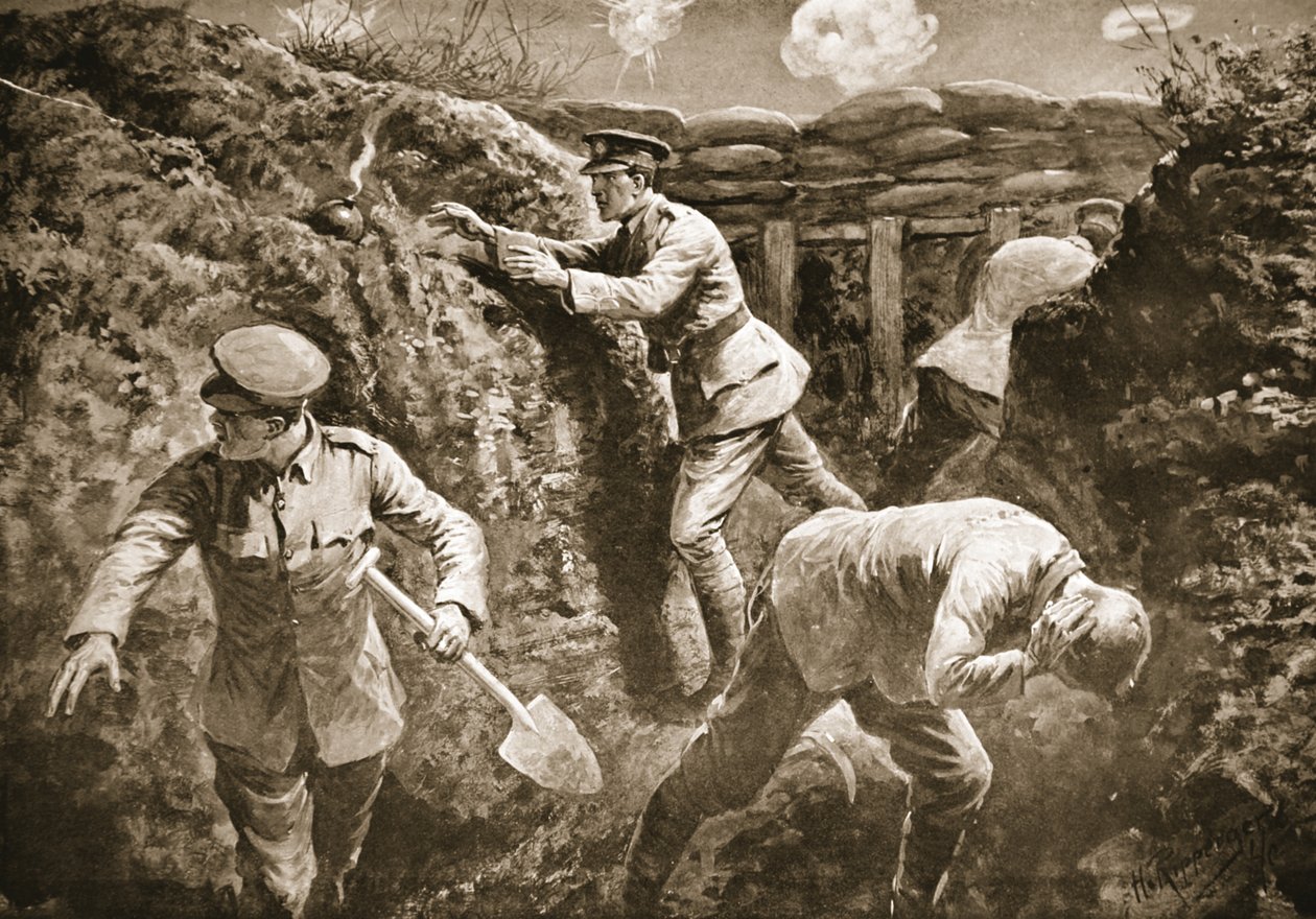 Teğmen Rochfort patlamak üzere olan bir bombayı alır ve siperden fırlatır. by H. Ripperger