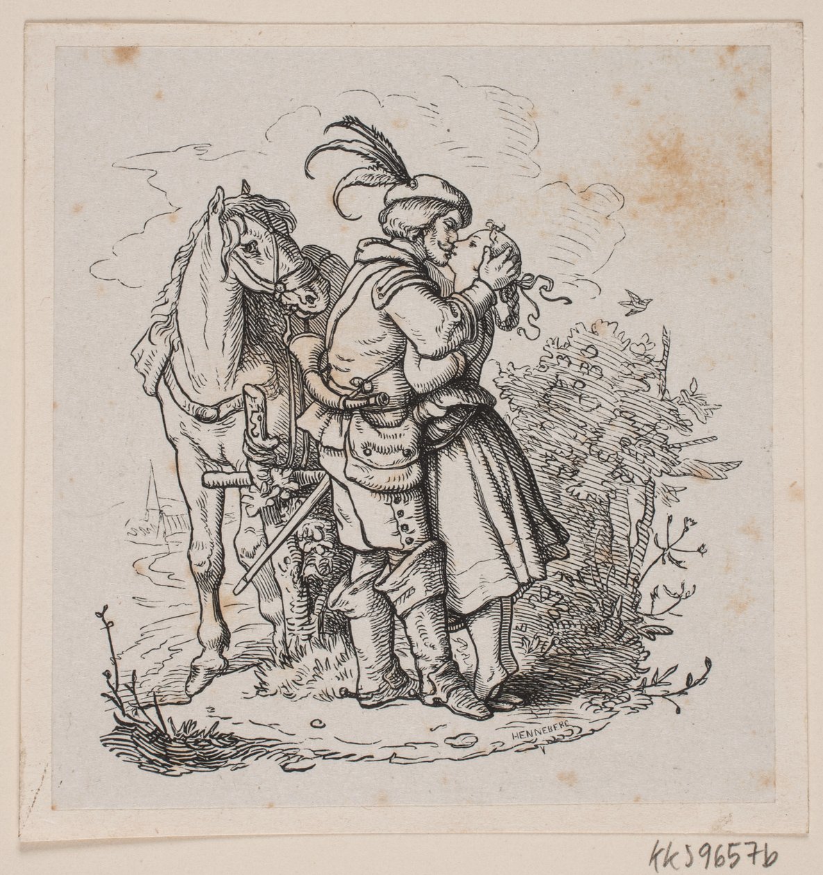 Bir binici genç bir kızı öper by H. C. Henneberg