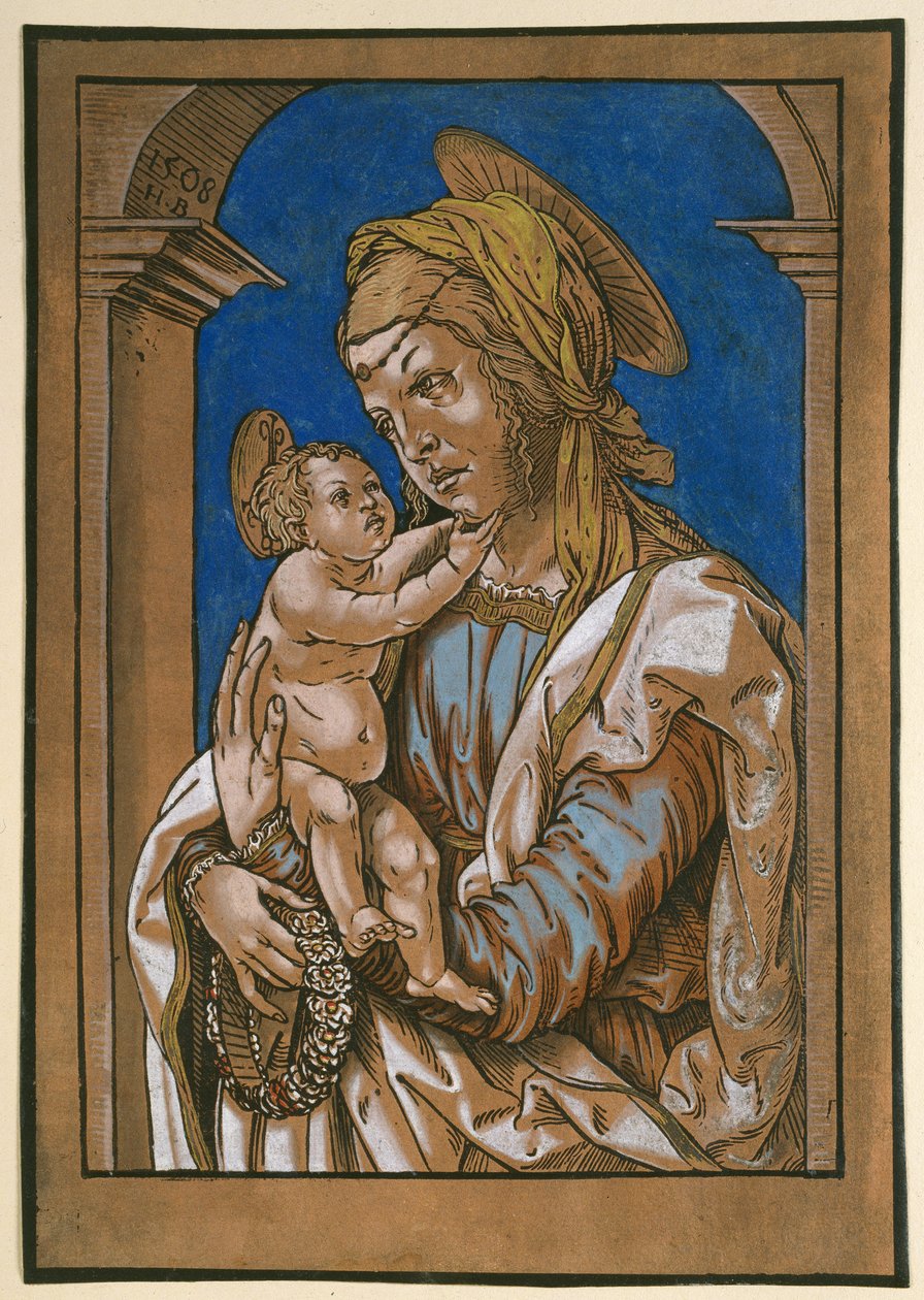 Bir kemerin altında Madonna ve Çocuk, 1508 (tahta baskı, sulu boya ve gövde boyası ile fazla işlenmiş) by Hans Burgkmair