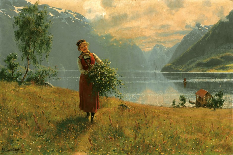 Norveç fiyortunun önünde huş ağacı dalları olan genç bir kız. by Hans Dahl