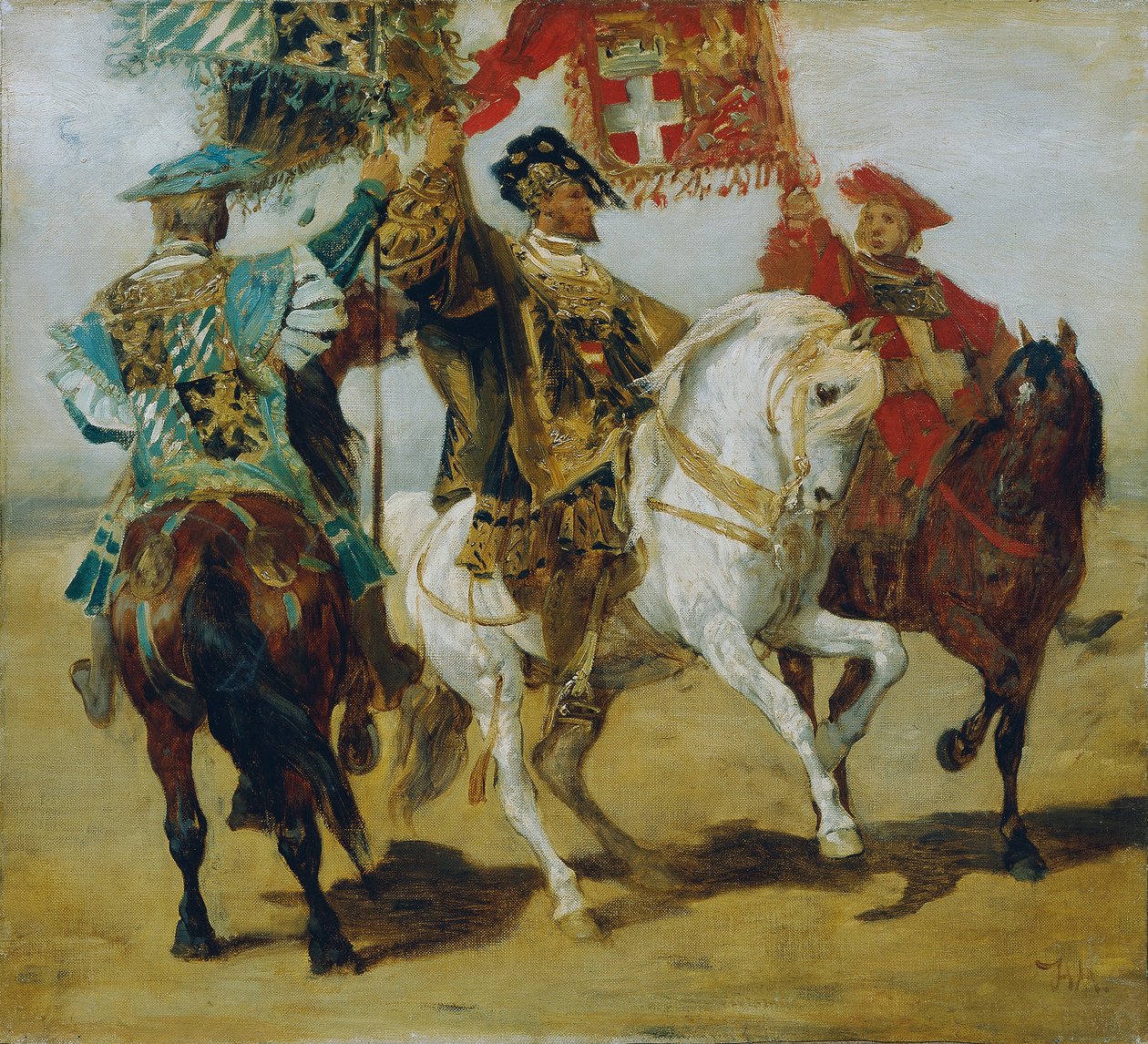 Üç monte edilmiş standart taşıyıcı by Hans Makart