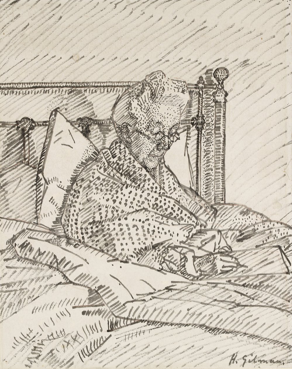 Yatakta yazan ressamın annesinin portresi (kırmızı tebeşirle işaretler üzerinde kamış kalem ve gri mürekkep) by Harold Gilman