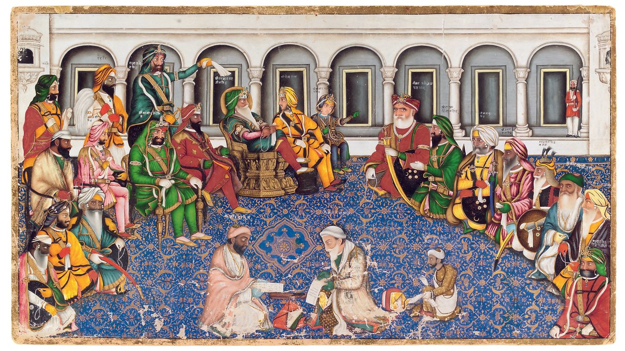The Darbar of Maharaja Ranjit Singh, c.1850 (kağıt üzerinde opak wc ve altın) by Hasan al Din