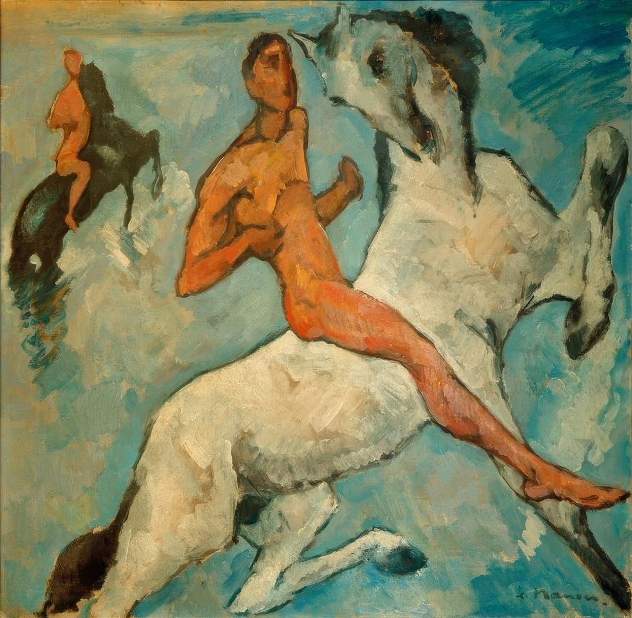 Mavi bir arka plana karşı alüvyon biniciler by Heinrich Nauen