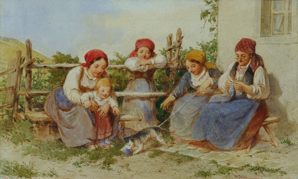Oynayan kedisi olan kadın ve çocuklar by Heinrich Stohl