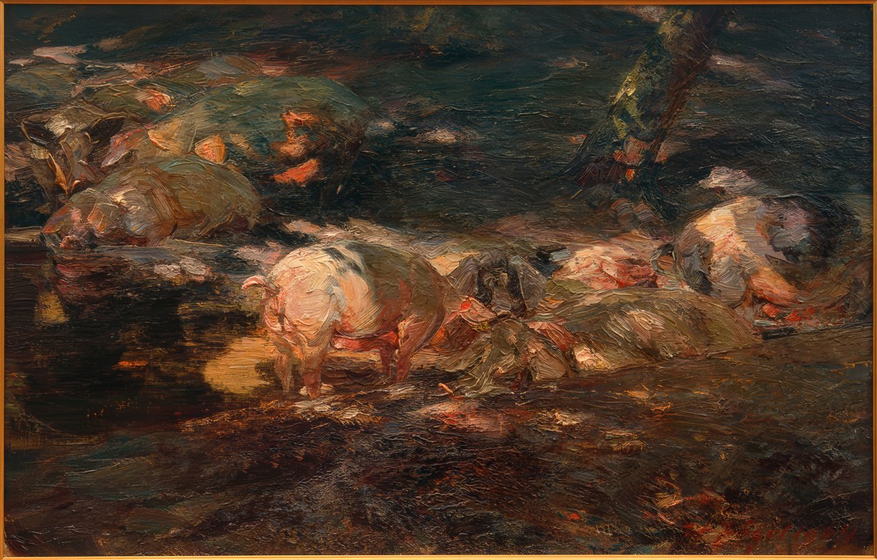 Suyun yanında ormandaki domuz sürüsü by Heinrich von Zügel