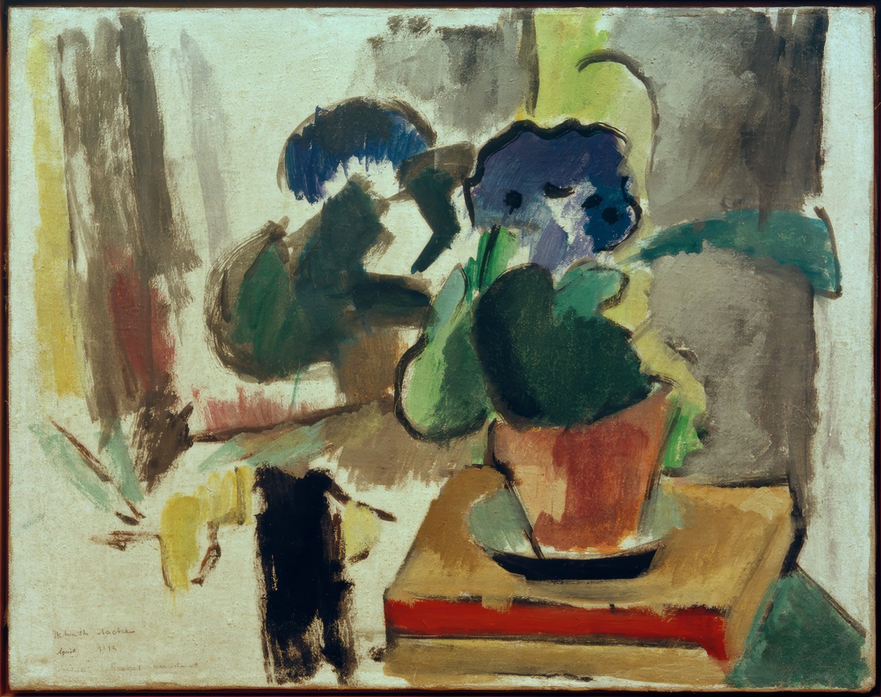 Stillleben mit Zinnerarie und Buch by Helmuth Macke