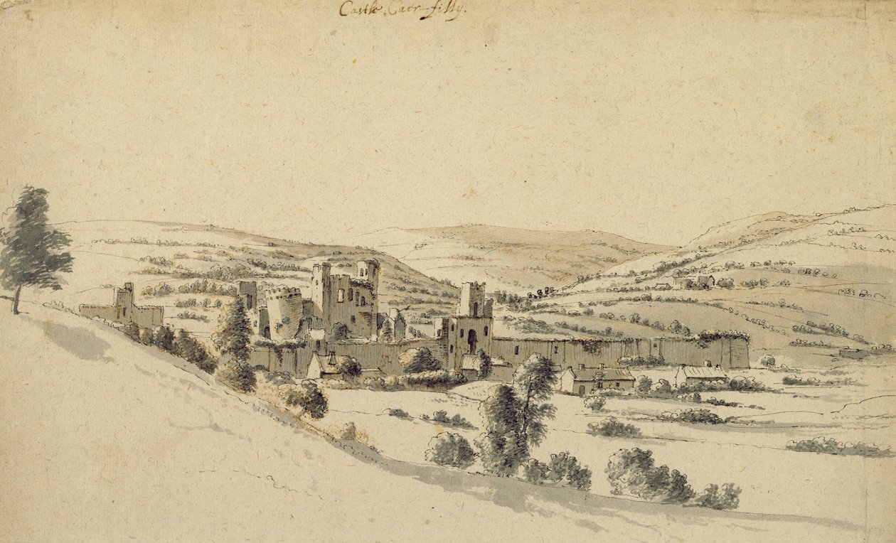 Caerphilly Kalesi (kalem, mürekkep ve kağıt üzerinde yıkama) by Hendrick Danckerts