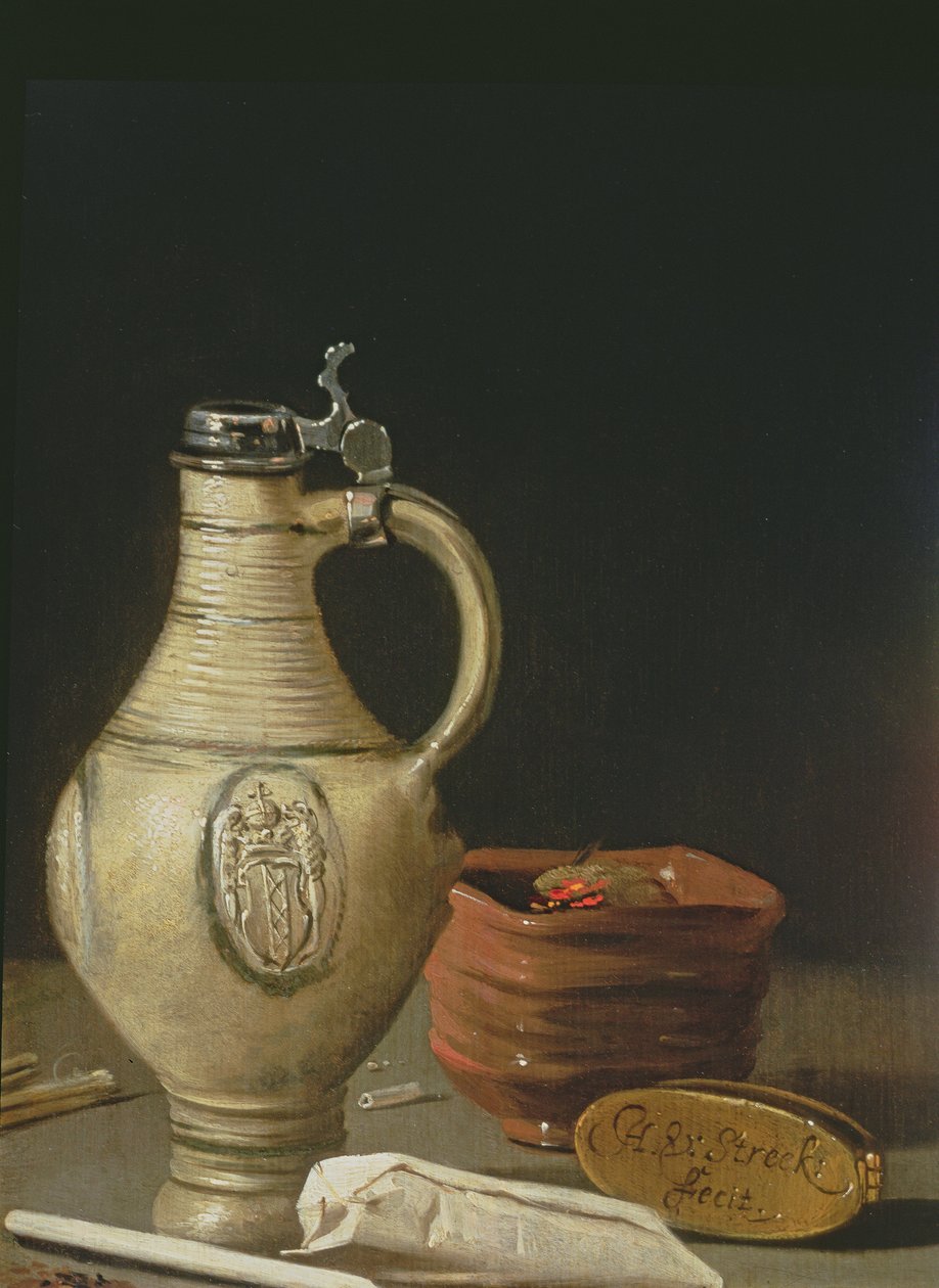 Bir Amsterdam toprak ibrik, bir kase kömür ve tütün kesesi ile natürmort by Hendrick van Streeck