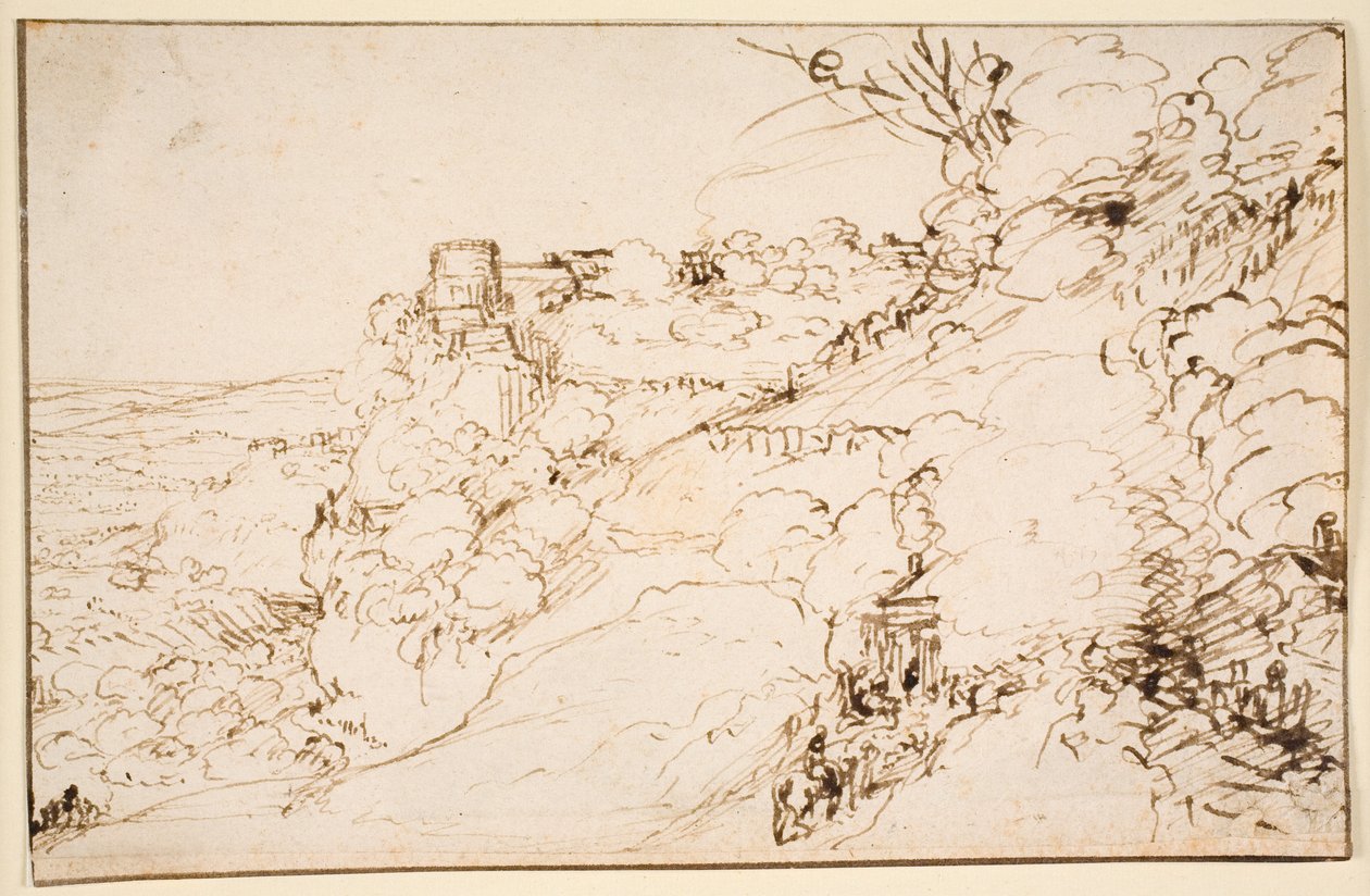 Dağ burnunda kale benzeri bina ile manzara by Hendrick Goudt
