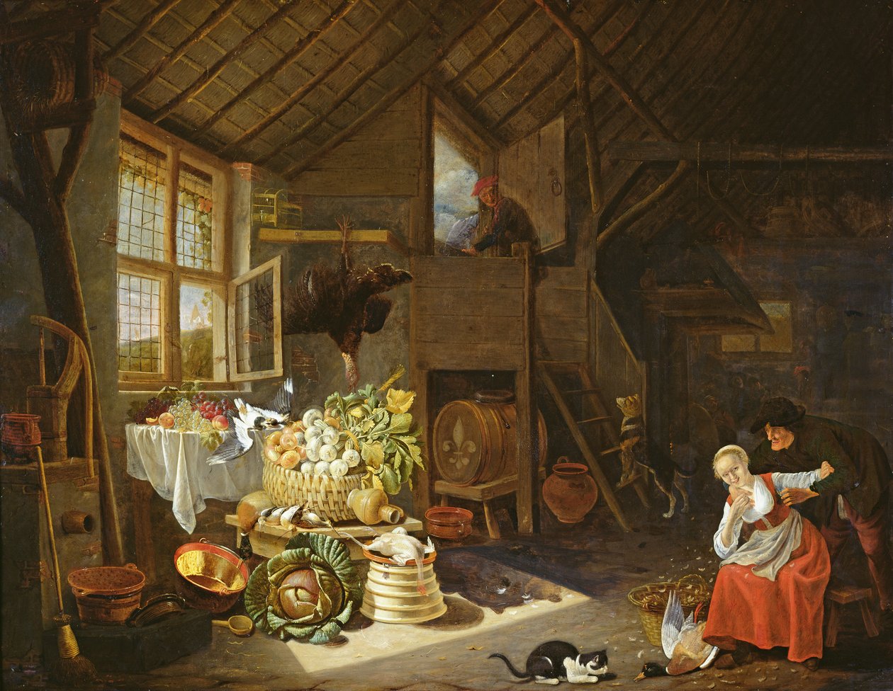 Interior of a farmhouse (oil on copper) by Hendrik Martensz Sorgh