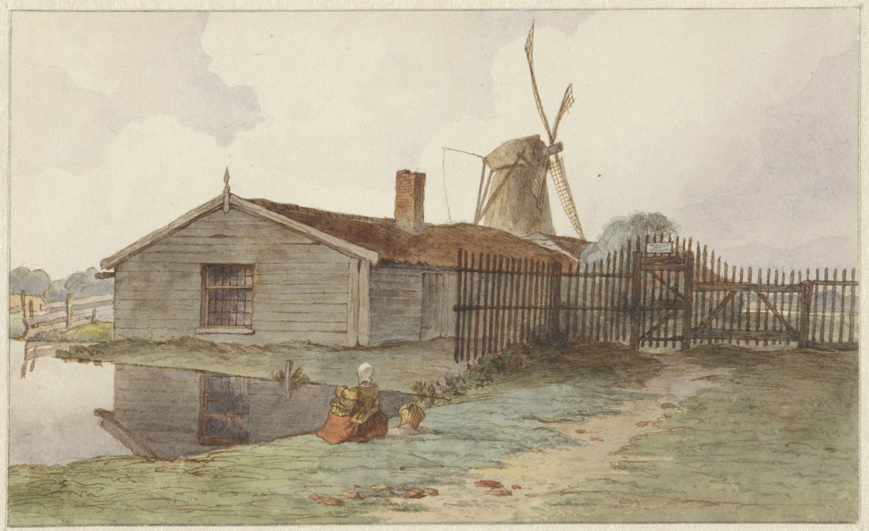 Amsterdam yakınlarındaki ahşap binaları olan yel değirmeni by Hendrik Abraham Klinkhamer