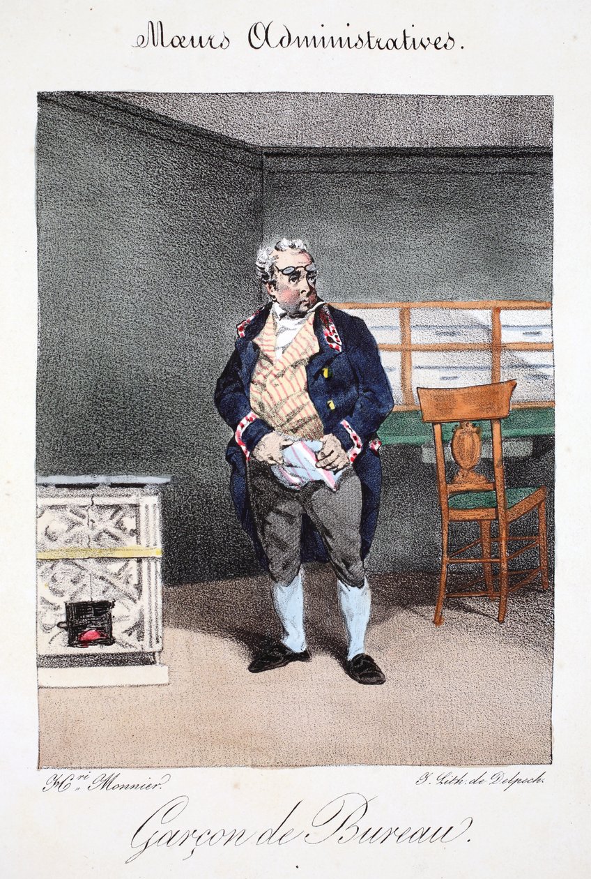 Ofis çocuğu, Henri Monnier'in 'Mores İdariler, Doğaya Göre Dessinées'den illüstrasyon, Delpech tarafından taş baskılı, pub. Paris, c.1828 (el boyaması taş) by Henri Bonaventure Monnier