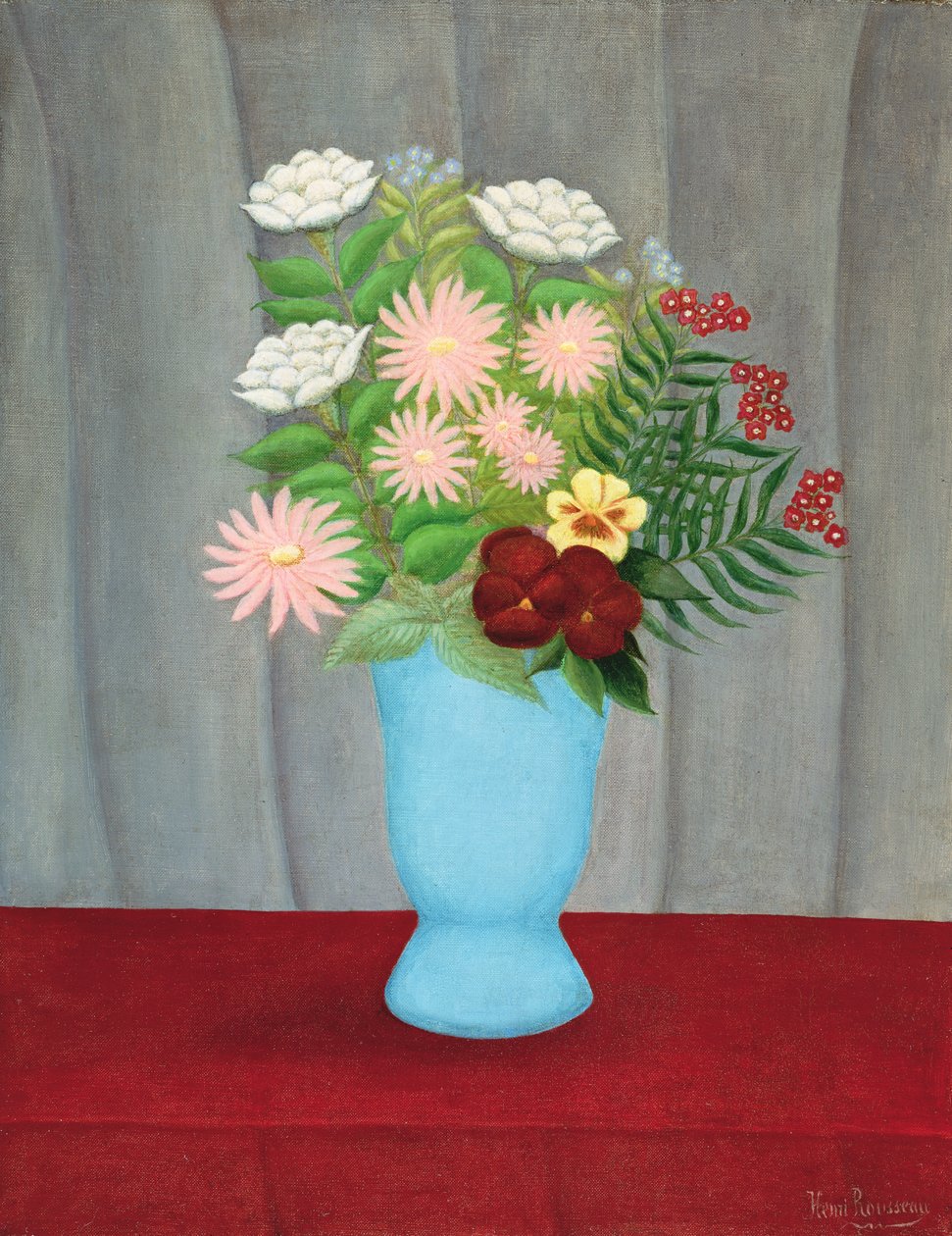 Mavi bir vazoda çiçeklerin natürmort by Henri Rousseau