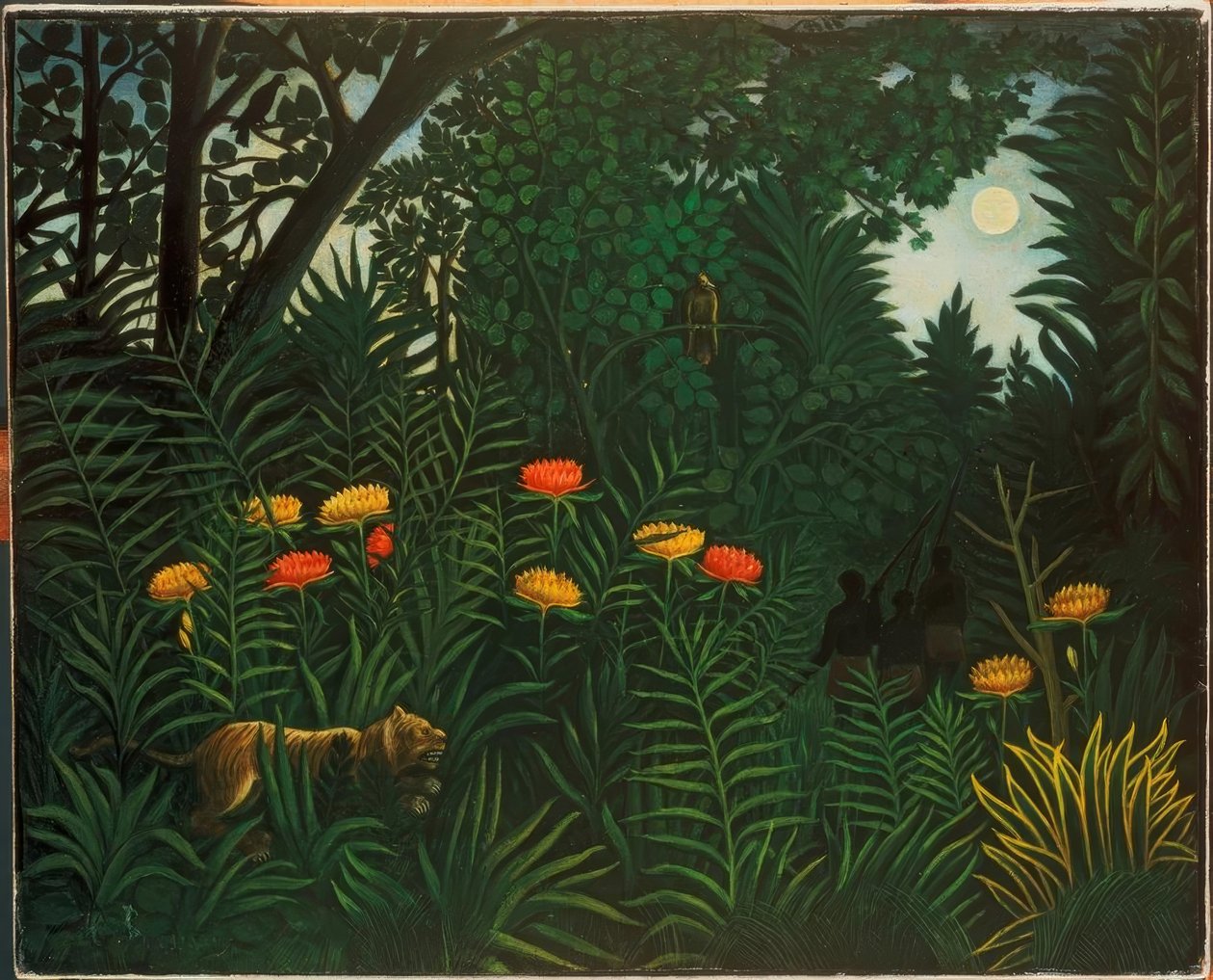 Kaplanlar ve avcılar ile egzotik manzara by Henri Rousseau