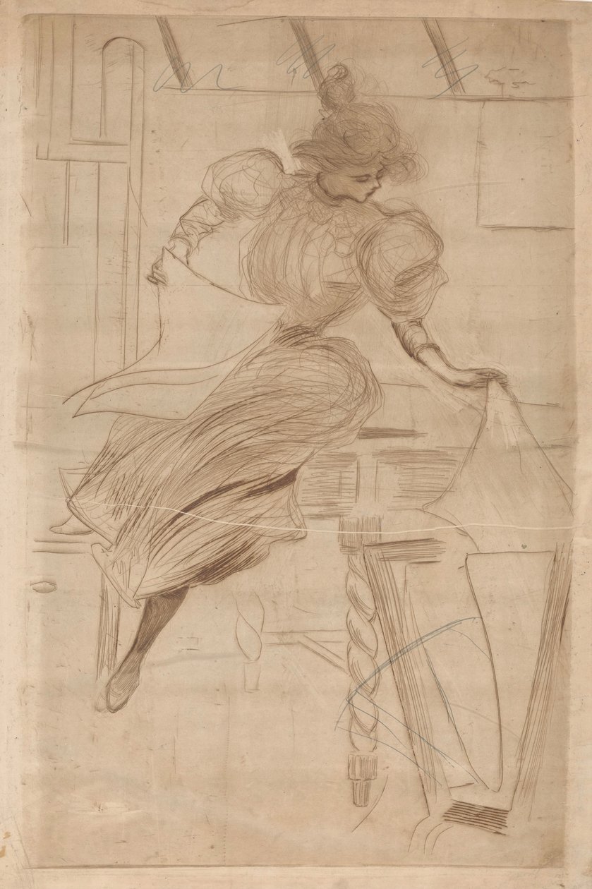 Kadın bir baskı standındaki resimlere bakar. by Henri Boutet (possibly)