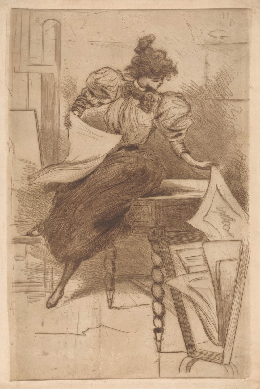 Kadın bir baskı standındaki resimlere bakar. by Henri Boutet (possibly)
