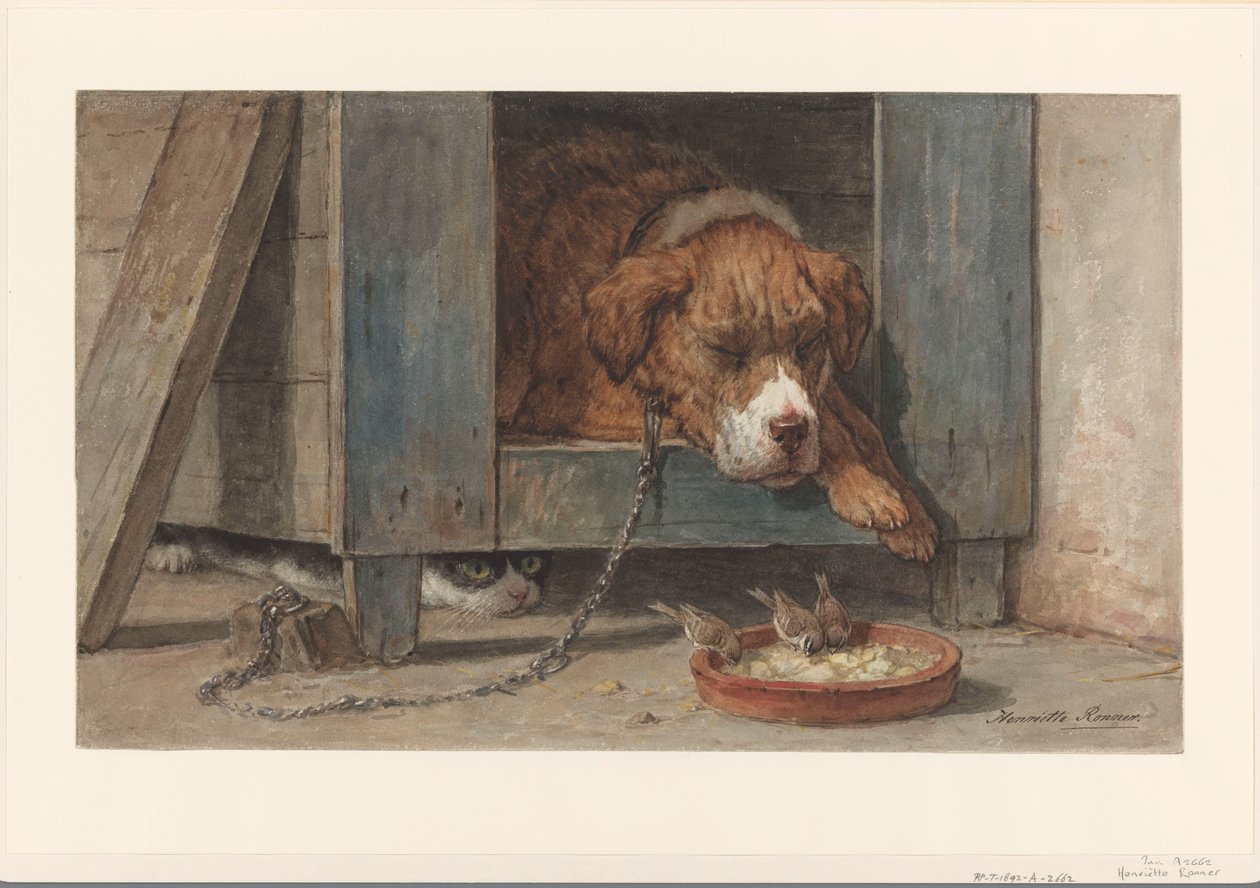 Uyuyan bir köpeğe kuşları gözetleyen kedi by Henriëtte Ronner