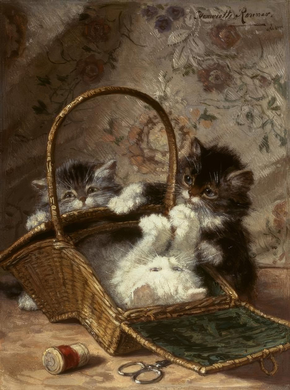 Dikiş sepeti olan genç kediler by Henriëtte Ronner Knip