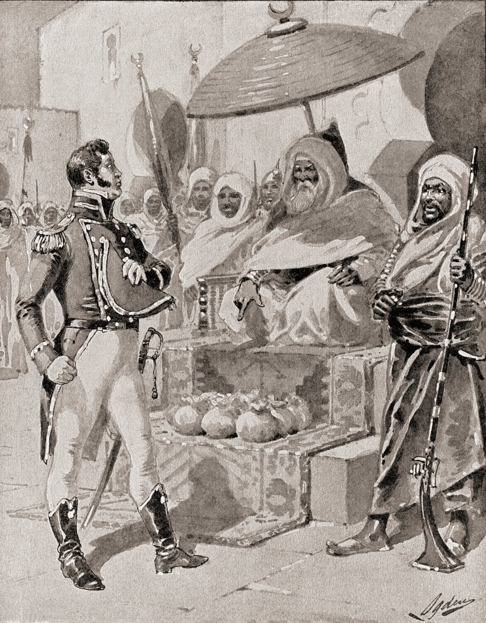 Captain William Bainbridge paying the tribute to the Dey of Algiers to secure exemption from capture for U.S. merchant ships in the Mediterranean in 1800, from The History of Our Country, published 19 by Henry Alexander Ogden