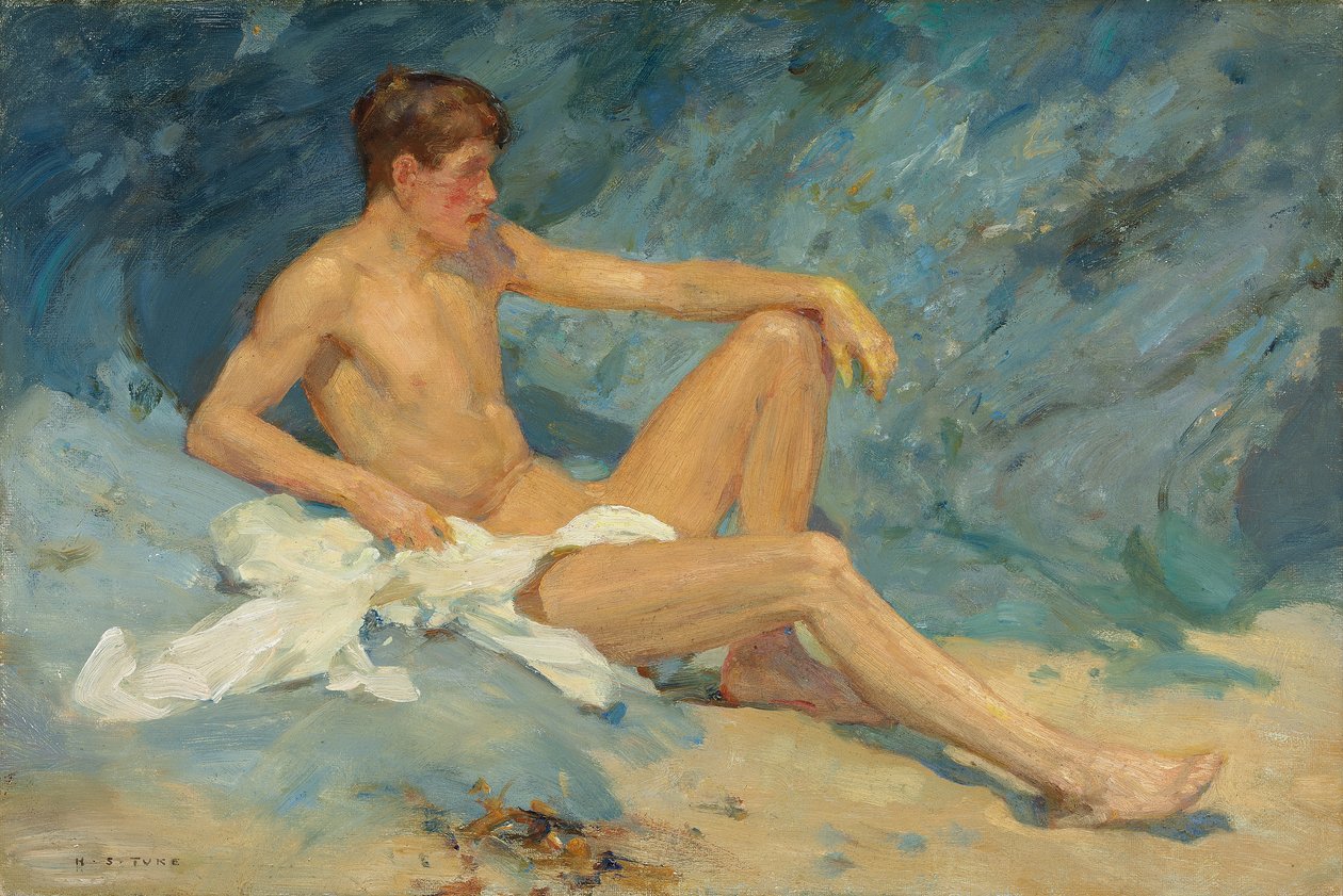 Kayalara yaslanmış çıplak bir erkek by Henry Scott Tuke