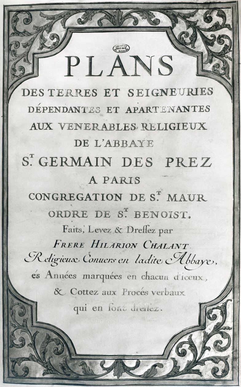 'Saint-Germain-des-Pres Manastırı'nın toprakları ve senyörlüklerinin Planları' için ön yazı, 1668-76 (guaj ve altın) by Hilarion Chalant