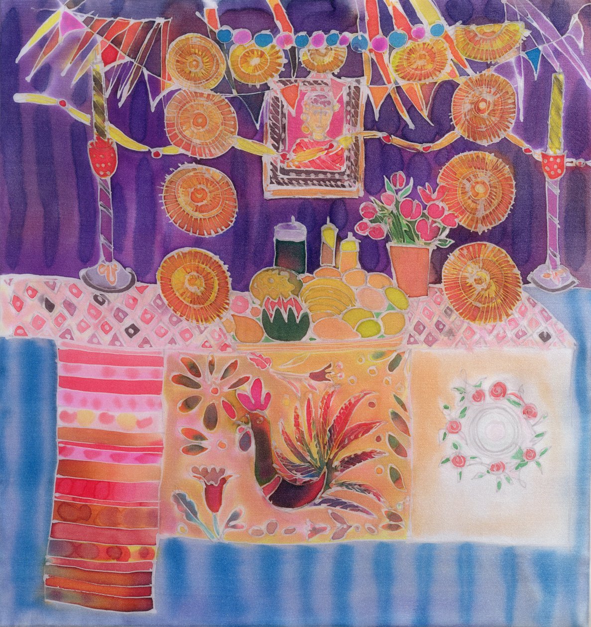 Frida Kahlo ile Meksika Mabedi, 2006 (ipek üzerine boyalar) by Hilary Simon
