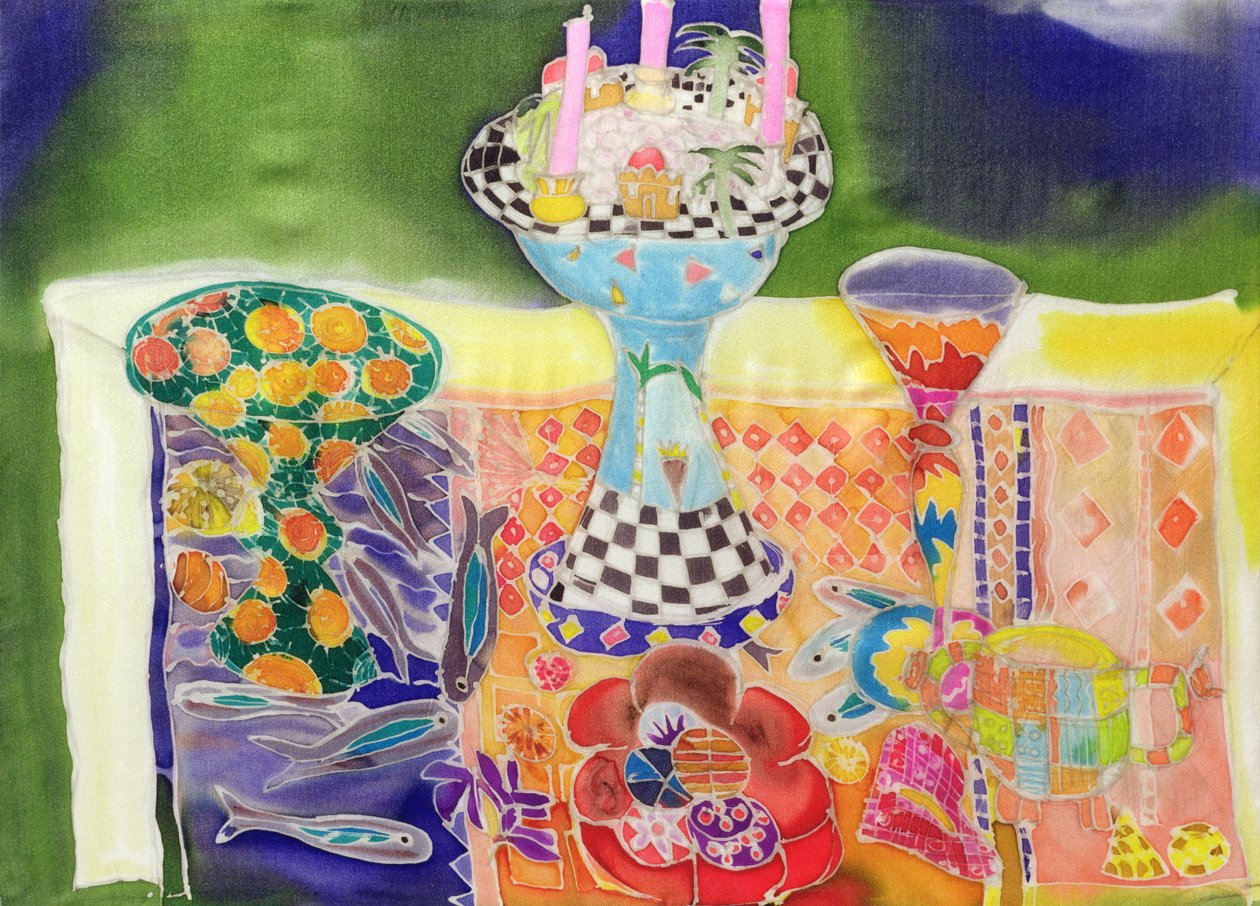 ಫಿಶ್ ಟೇಬಲ್, 2006 (ರೇಷ್ಮೆಯ ಮೇಲೆ ಬಣ್ಣಗಳು) ಟರ್ಕಿ by Hilary Simon