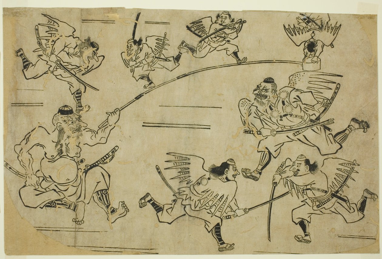 Tengu Kralı Öğrencilerini Eğitiyor by Hishikawa Moronobu
