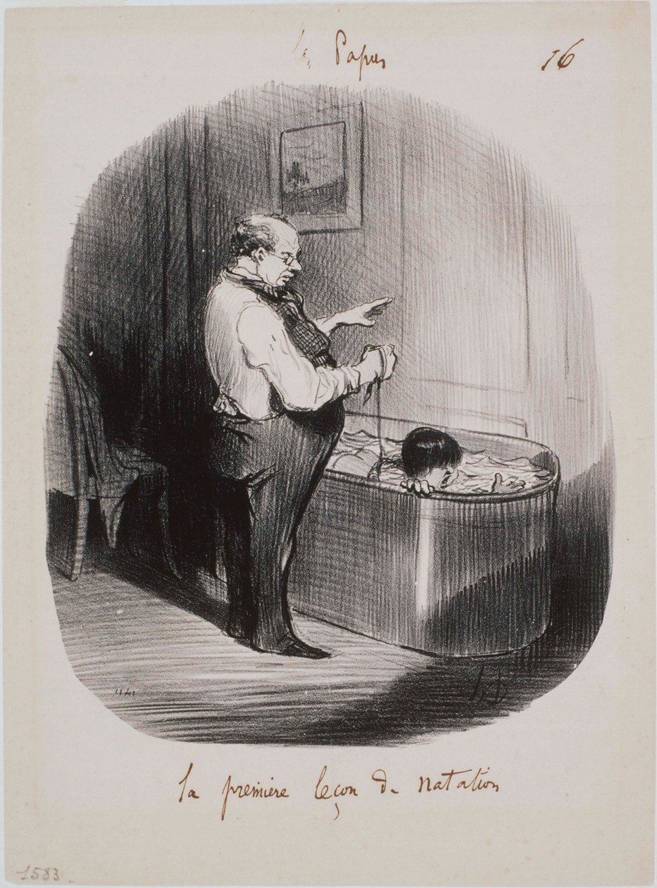 Les Papas - İlk yüzme dersi by Honoré Daumier