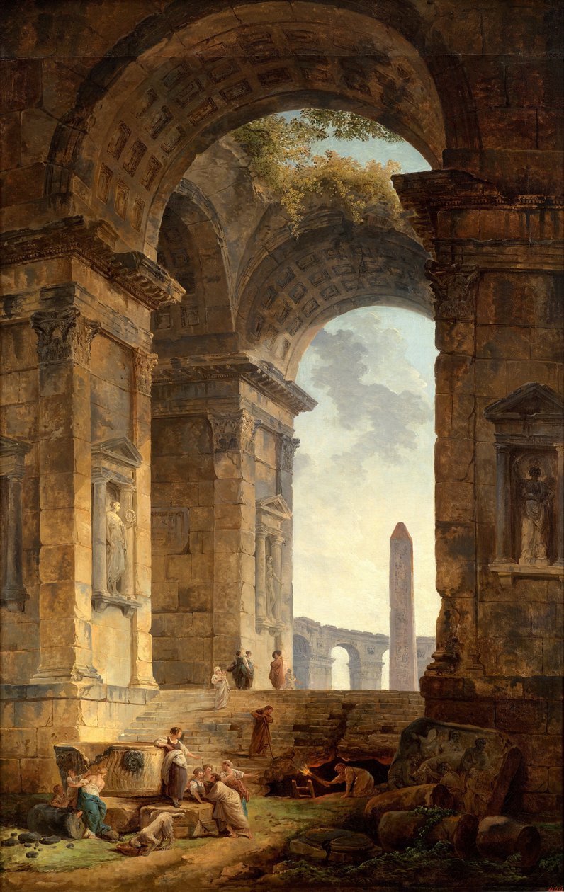 Uzakta bir dikilitaş ile harabeler by Hubert Robert