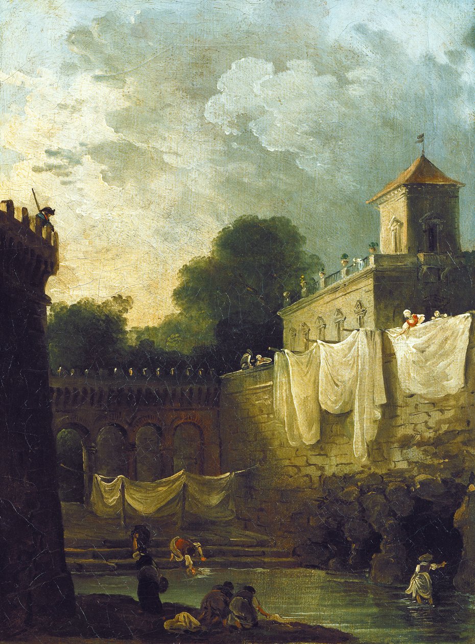 Bir İtalyan Villasının Hendekindeki Çamaşırcı Kadınlar by Hubert Robert