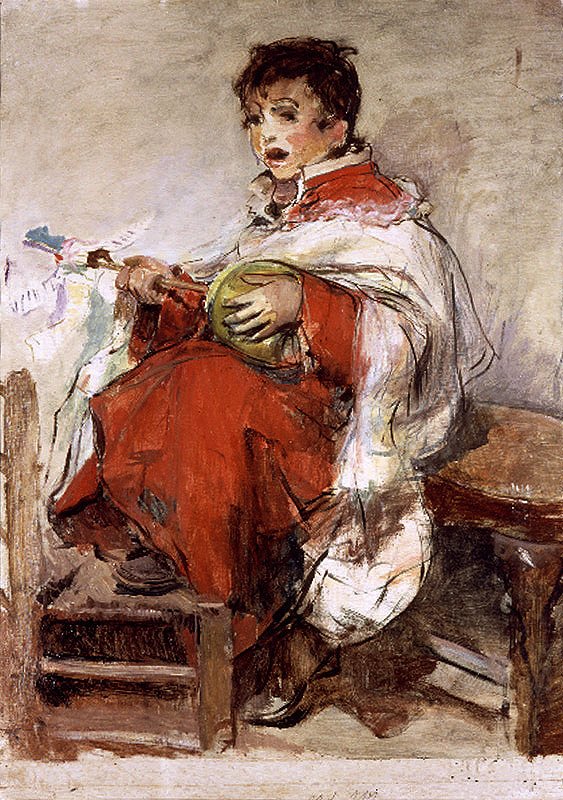 Zambomba oynayan sunak çocuk by Ignacio Pinazo Camarlench