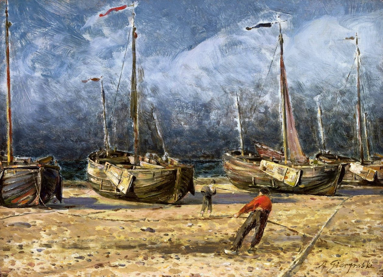 Kıyıda balıkçı tekneleri. by Ignacy Aleksander Gierymski