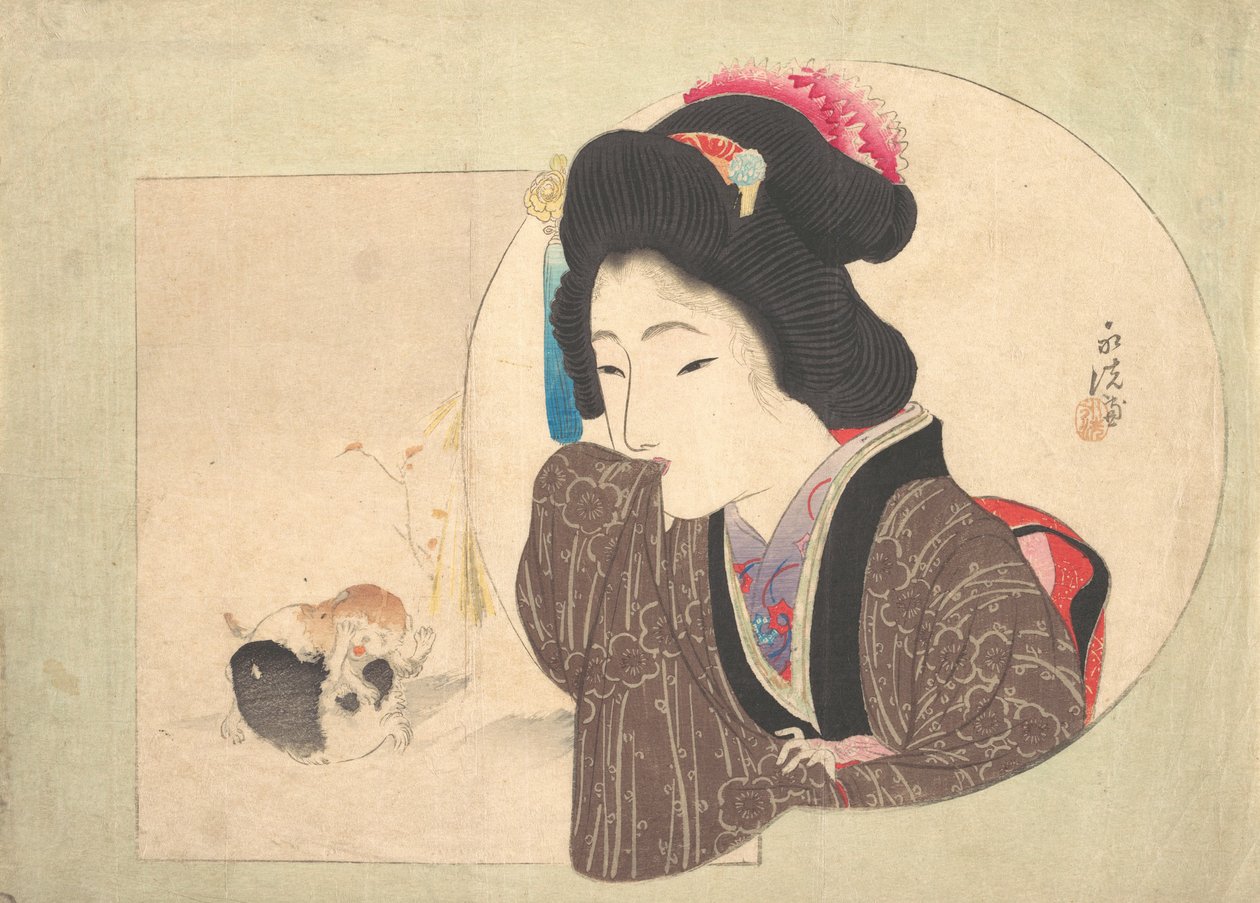 Baskı [kadın ve köpek yavruları], 19. yüzyılın ortaları. by Ikeda Eisen