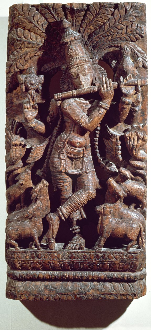 Krishna flüt çalıyor (tahta) by Indian School