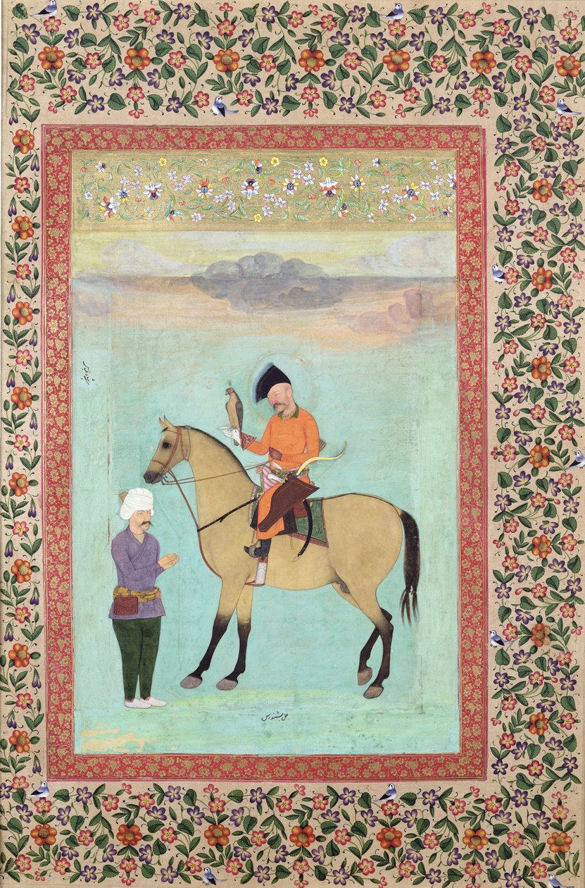 Bayan E-14 Shah Abbas (1571-1629), bir şahin tutan bir at üzerinde, c.1620 by Indian School